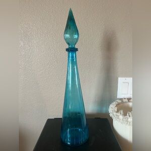 Vintage 1960’s Empoli-Kingfisher Blue- Genie Bottle flame  Glass Decanter 18”